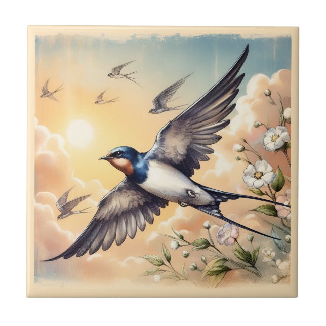 Capistrano Barn Swallows in Golden Sunset Ceramic Tile (Front)