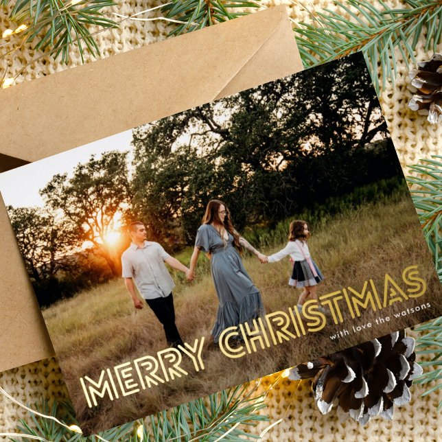 Capital Bold Outlined GOLD Merry Christmas Photo Foil Holiday Card (Creator Uploaded)