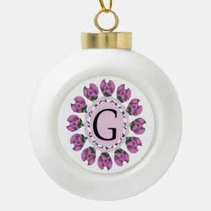 Capital letter G floral monogram Ceramic Ball Christmas Ornament