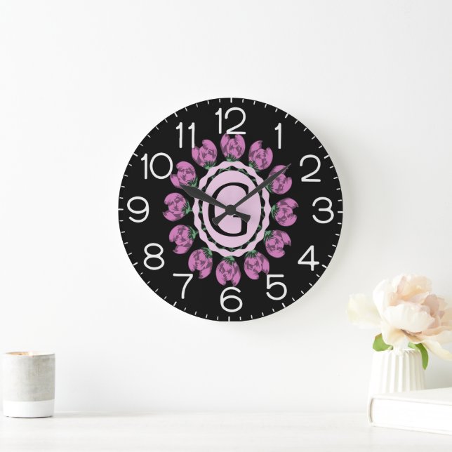 Capital letter G floral monogram Large Clock (Home)