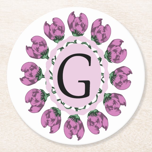 Capital letter G floral monogram Round Paper Coaster (Front)
