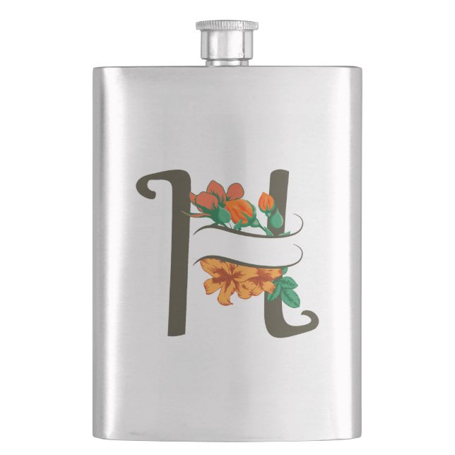 Capital letter H floral monogram Hip Flask (Front)