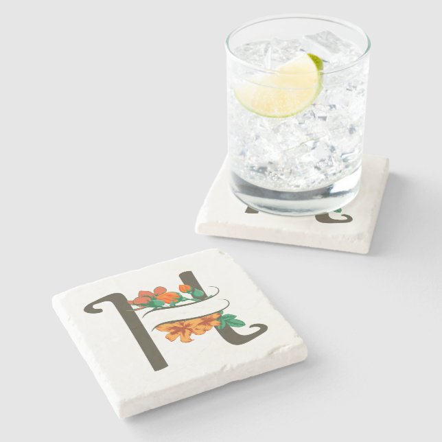 Capital letter H floral monogram Stone Coaster (Side)