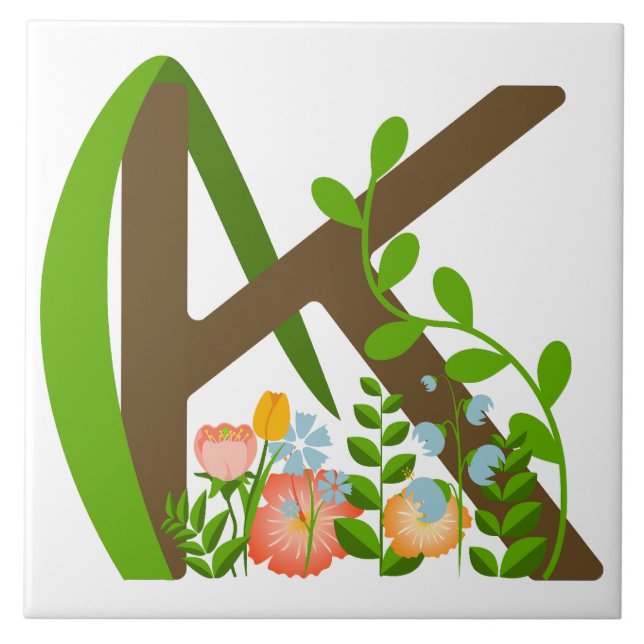 Capital letter K floral monogram Ceramic Tile (Front)