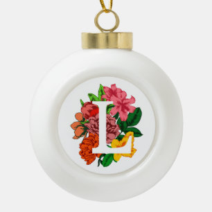 Capital letter L floral monogram Ceramic Ball Christmas Ornament