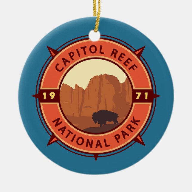 Capitol Reef National Park Bison Retro Compass Ceramic Ornament (Front)