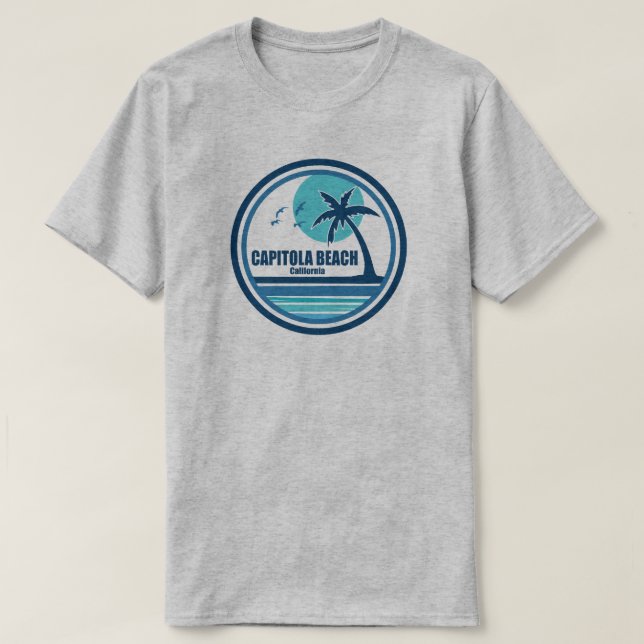 Capitola Beach California Palm Tree Birds T-Shirt (Design Front)