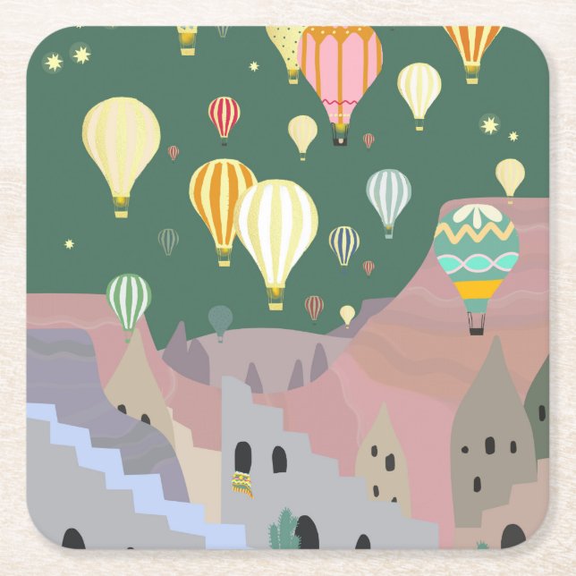Cappadocia Night Art | Hot Air Balloon Turkey  Square Paper Coaster (Front)