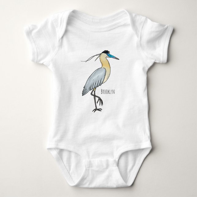 Capped heron bird cartoon illustration  baby bodysuit (Front)