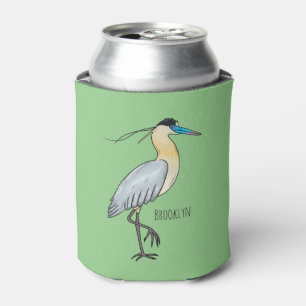 Capped heron bird cartoon illustration  can cooler