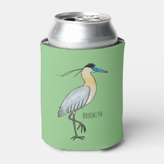 Capped heron bird cartoon illustration  can cooler (Can Front)