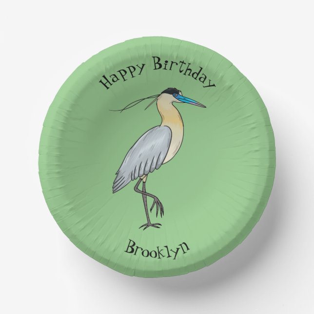 Capped heron bird cartoon illustration paper plate (Front)