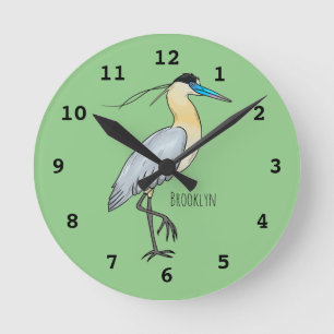 Capped heron bird cartoon illustration round clock
