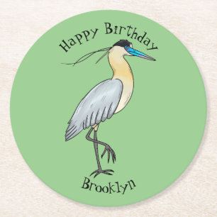Capped heron bird cartoon illustration round paper coaster