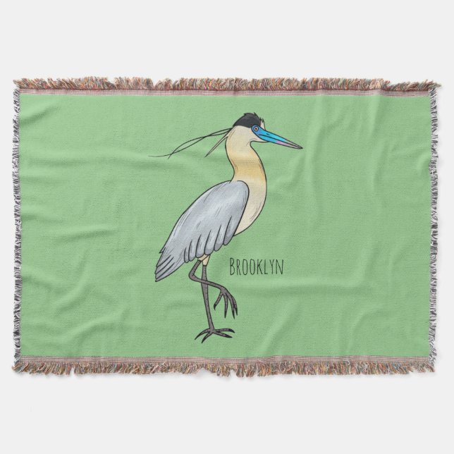 Capped heron bird cartoon illustration  throw blanket (Front)