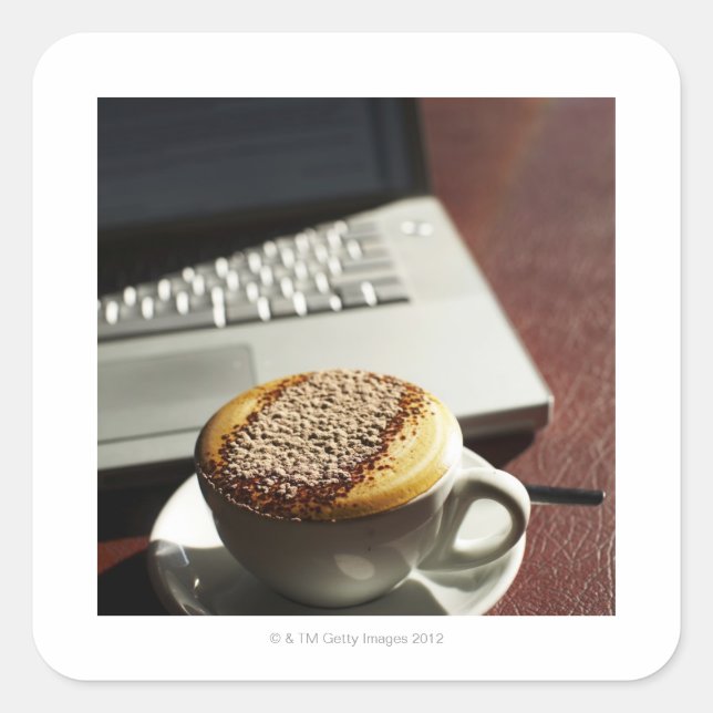 Cappuccino in front of laptop square sticker (Front)
