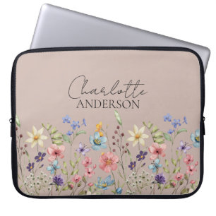 Cappuccino Watercolor Wildflower Name Monogram Laptop Sleeve