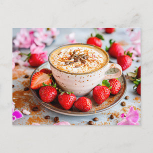 Cappuccino with crema, cinnamon and strawberries holiday postcard