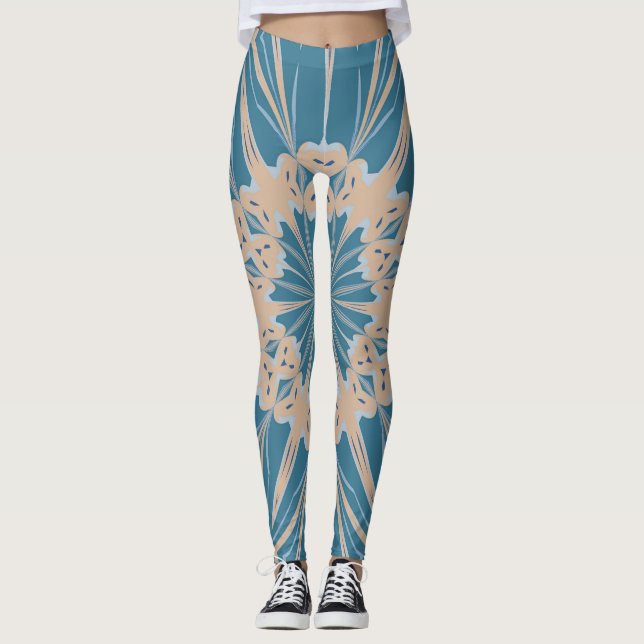 Cappuchino Blues Bold Kaleidoscope Pattern Leggings (Front)