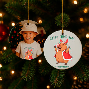 Cappy Christmas Funny Capybara Custom Photo & Name Ceramic Ornament