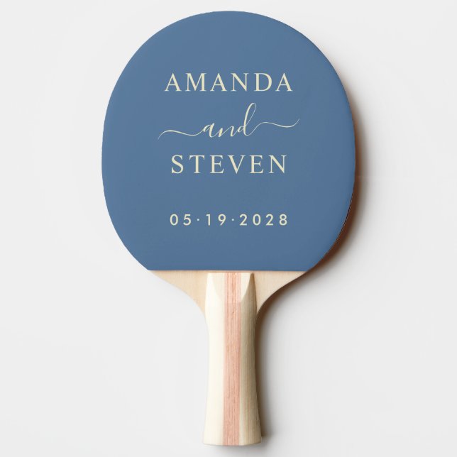 Capri Blue Couple Names with Wedding Date Ping Pong Paddle (Back)