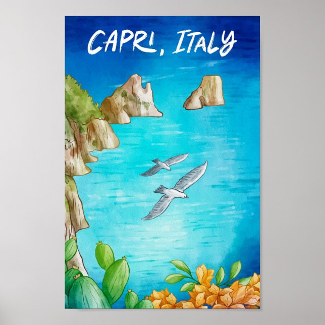 Capri Italy Art Watercolor Travel Illustration Poster (Front)