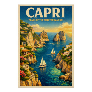 Capri, Italy, in a classic retro travel Poster