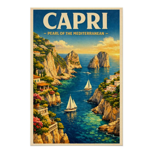 Capri, Italy, in a classic retro travel Poster (Front)