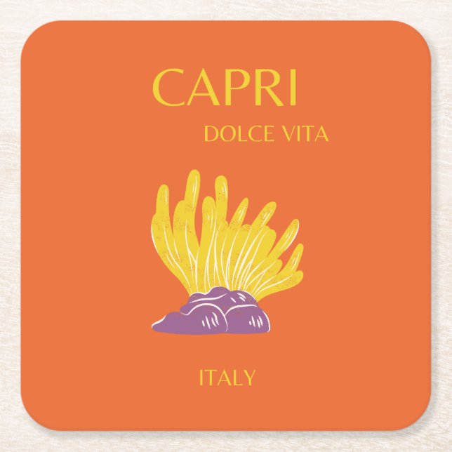 Capri, Italy, Travel, Preppy, Orange Square Paper Coaster (Front)