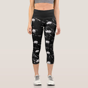 Capri Leggings Black White Roses & Scratches