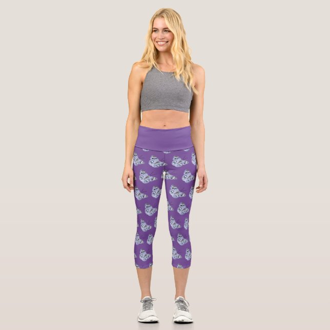 Capri Leggings in Purple with Blue Butterflies (Front)