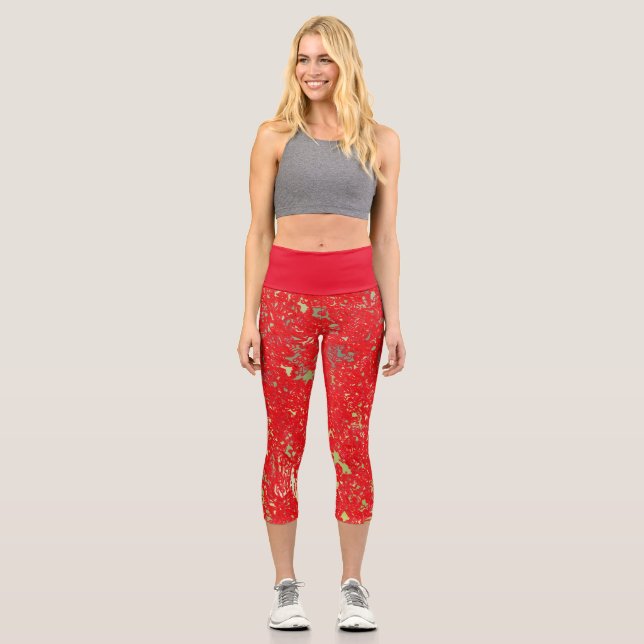 Capri Leggings in Red & Green Abstract Design (Front)