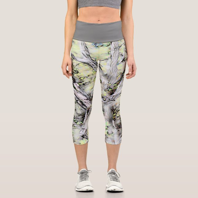 Capri Leggings with Grey & Green Abstract Design (Front)