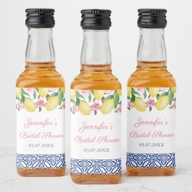 Capri Lemons Blue White Tile Wedding Shower Favour Liquor Bottle Label (Bottles)