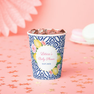 Capri Lemons Blue & White Tiles Baby Shower Party Paper Cups