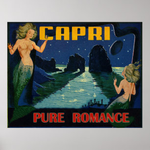 Capri, pure romance, mermaids at night, vintage poster