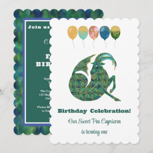 Capricorn 1st Birthday Impressionist Gold Glitter Invitation