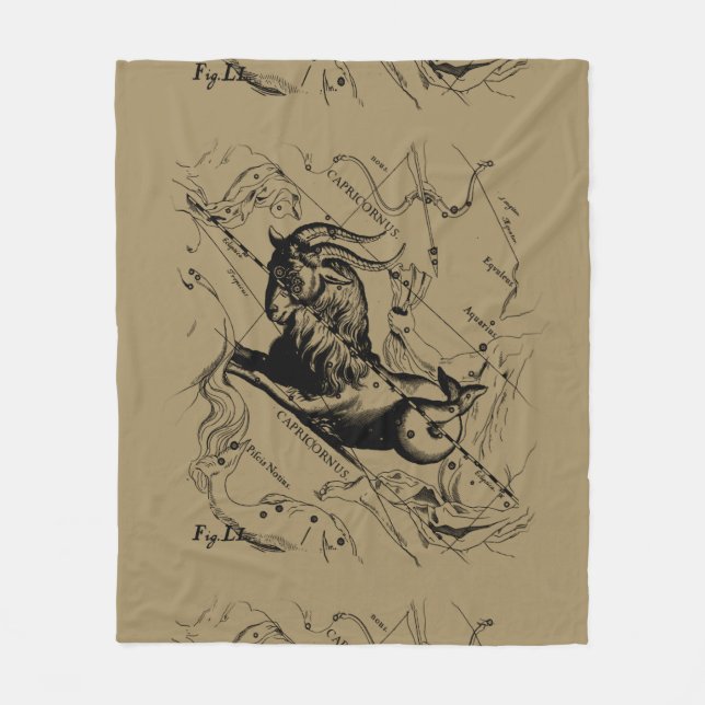 Capricorn Constellation Hevelius 1690 on Taupe Fleece Blanket (Front)