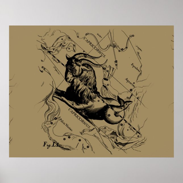 Capricorn Constellation Hevelius 1690 on Taupe Poster (Front)
