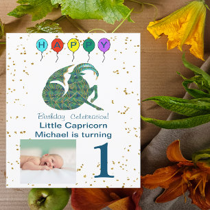 Capricorn First Birthday Gold, & Photo Invitation