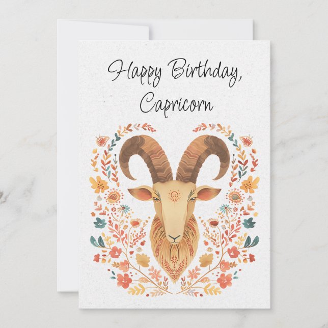Capricorn Goat Zodiac Boho Floral Birthday Card (Front)