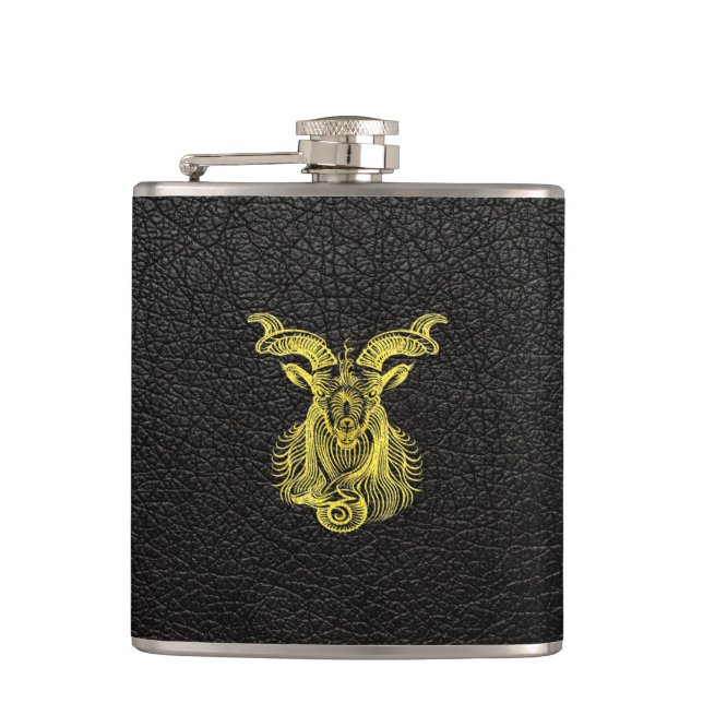 Capricorn Gold on Leather Hip Flask (Front)