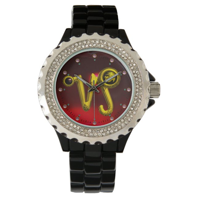 CAPRICORN GOLD ZODIAC BIRTHDAY JEWEL,Black,Ruby Watch (Front)