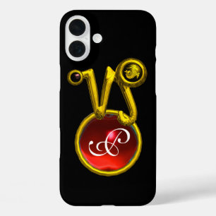 CAPRICORN GOLD ZODIAC SIGN RED RUBY MONOGRAM iPhone 16 PLUS CASE