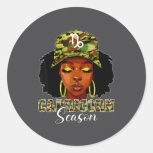 Capricorn Season Black Woman With Camo Hat Birthda Classic Round Sticker