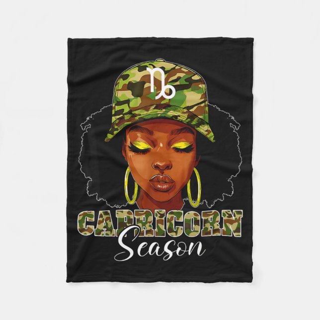 Capricorn Season Black Woman With Camo Hat Birthda Fleece Blanket (Front)
