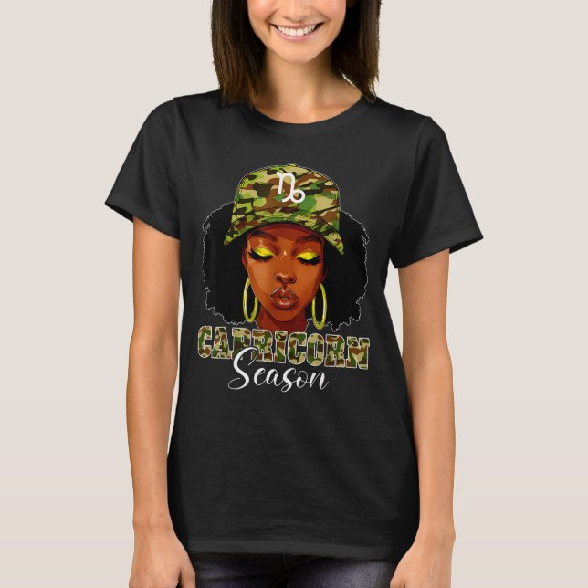 Capricorn Season Black Woman With Camo Hat Birthda T-Shirt (Front)