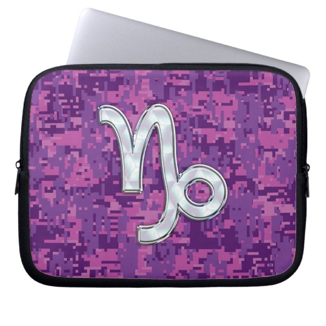 Capricorn Sign on Fuchsia Digital Camouflage Laptop Sleeve (Front)