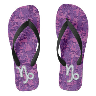 Capricorn Sign on Fuchsia Digital Camouflage Thongs