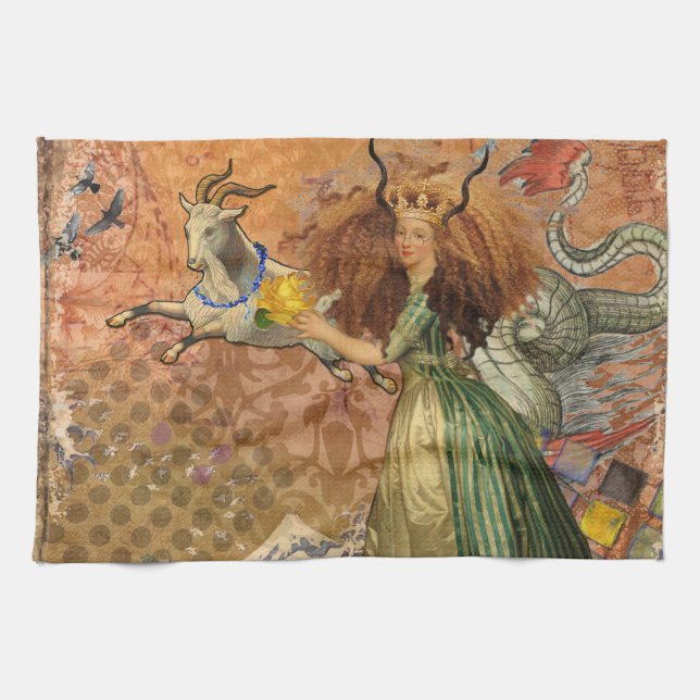 Capricorn Woman Goat Whimsical Fun Tea Towel (Horizontal)